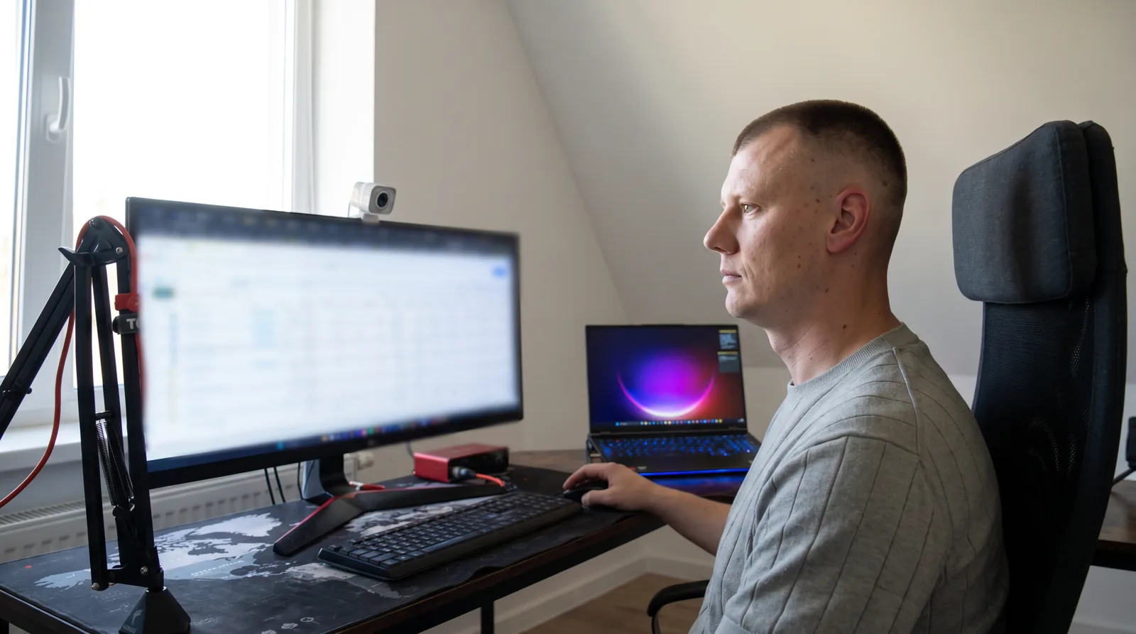 Adrian at his desk with Meta Ads Manager on the main screen