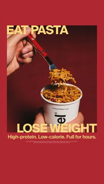 Huel ad: Counter-intuitive two-line headline pairing an indulgent food with a weight-loss promise, resolved by a short benefit tagline.