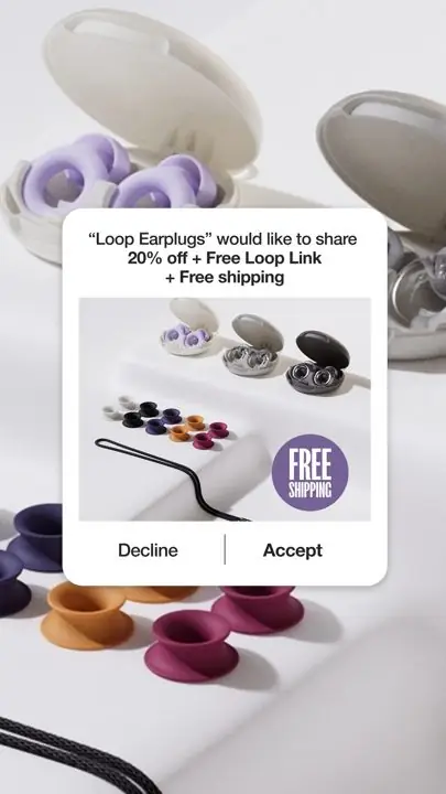 Loop ad: Fake OS-style permission popup format ('app would like to share...') repurposed as a discount and free-gift offer notification.