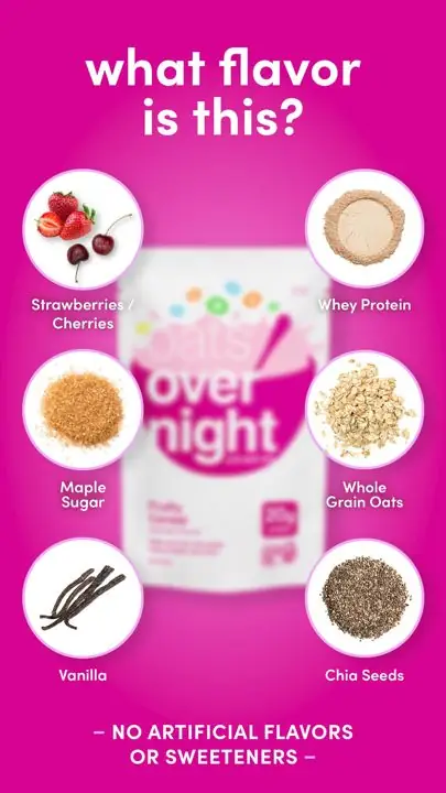 Oats Overnight ad: Guess-the-flavor question surrounded by a grid of real ingredient photos as visual clues.