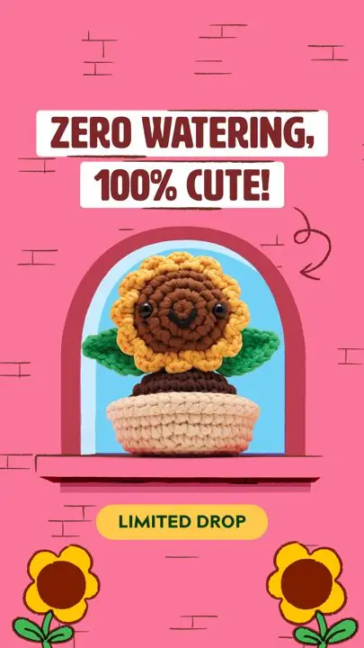 The Woobles ad: Cartoon-style plant-pun headline for a low-maintenance crochet novelty item, tagged limited drop.